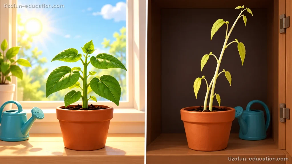 Two potted plants of the same kind, each with a watering can. On the left, on a sunny windowsill, the plant is short, bushy and dark green. On the right, inside a dark cupboard, the plant is tall, thin and pale yellow-green.