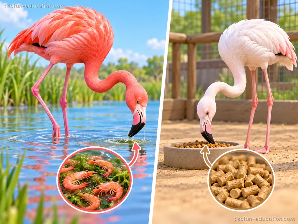 Two flamingos side by side. On the left, a bright pink flamingo feeds in a lake; a circle zooms in on the small pink shrimp it eats. On the right, a pale white flamingo eats from a bowl in a zoo pen; a circle zooms in on brown food pellets.