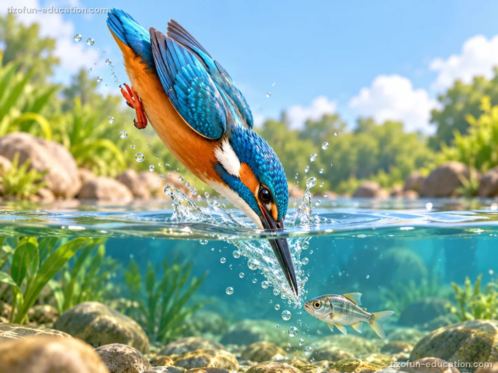 Un petit oiseau bleu et orange plonge la tête la première dans une rivière claire, son long bec pointu ouvert vers un poisson sous l'eau.