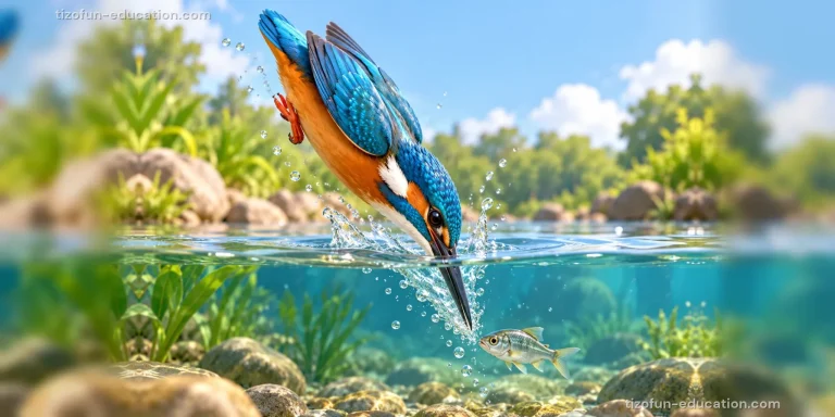 A small blue and orange bird dives head first into a clear river, its long pointed beak open toward a fish under the water.