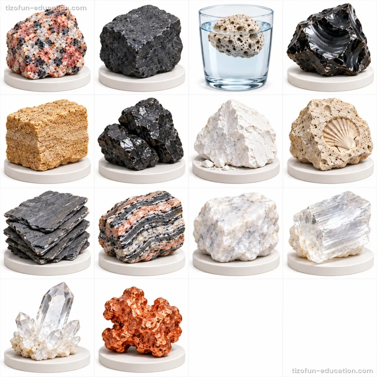 Fourteen rocks, each on a small white stand: speckled pink, dull black, a gray rock floating in a glass of water, shiny black, sandy tan, lumpy black, white, one with a shell print, flat layered gray, striped, sparkly white, a clear crystal, a pointed crystal cluster, and a lump of orange-brown copper.