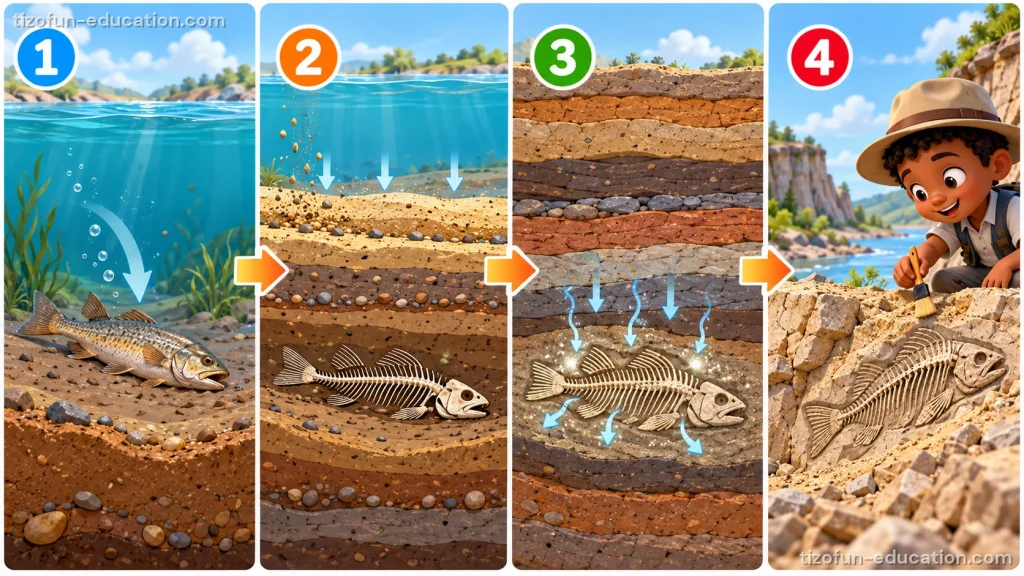Four numbered pictures joined by arrows. 1: a dead fish sinks to the bottom of the water. 2: layers of mud and sand cover its skeleton. 3: deep under the layers, water seeps through the bones. 4: much later, the rock is on dry land and a young explorer finds the fish skeleton in the stone.