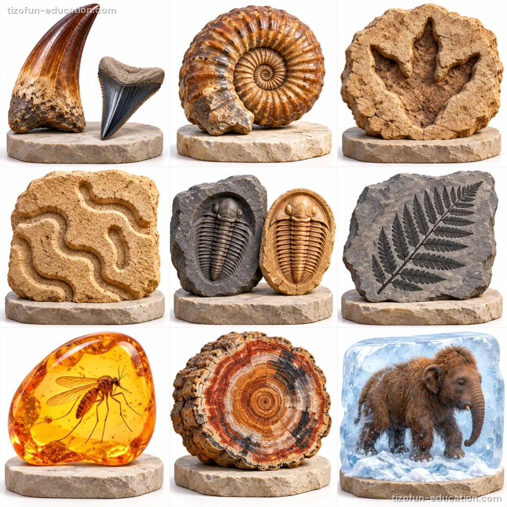 Nine fossils on stands, in three rows. Row 1: two large teeth, a spiral shell, a three-toed footprint pressed in stone. Row 2: wavy tracks left by a worm, a trilobite mold next to its cast, the print of a fern leaf. Row 3: an insect trapped in golden amber, a slice of wood turned to stone, a baby mammoth frozen in ice.