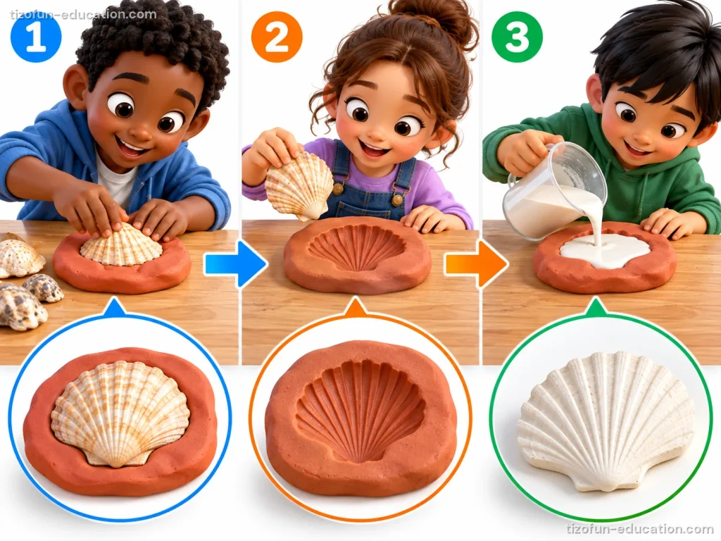 Three numbered pictures of children at a table. 1: a boy presses a shell into soft clay. 2: a girl lifts the shell; its print stays hollow in the clay. 3: a boy pours white plaster into the print. Below each step, a circle zooms in: shell in the clay, hollow print, white plaster shell.