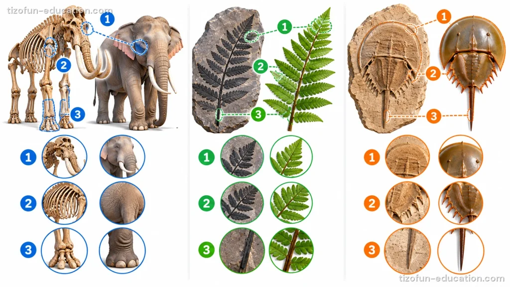 Three pairs side by side. A mammoth skeleton next to an elephant, a fern leaf print in stone next to a green fern, a horseshoe crab fossil next to a living horseshoe crab. Numbered circles zoom in on the same parts of each pair: head, body, legs or tail.