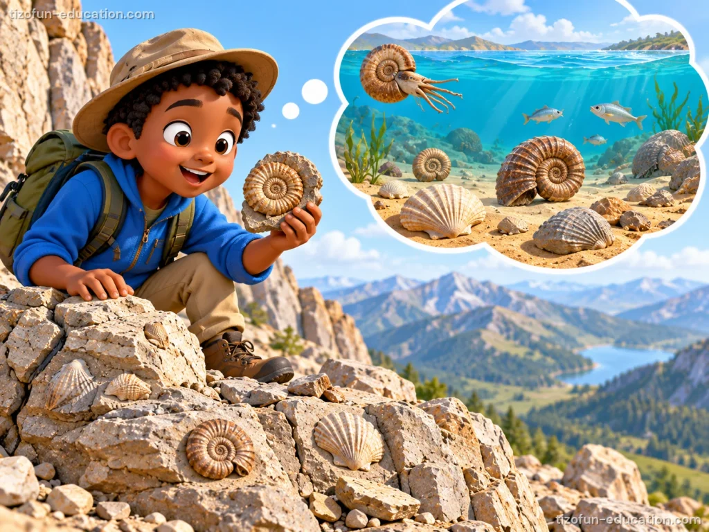 A young hiker high on a rocky mountain holds a spiral shell fossil. More shell fossils stick out of the rocks around him. In a thought bubble, the same shells and fish live under the sea, long ago.
