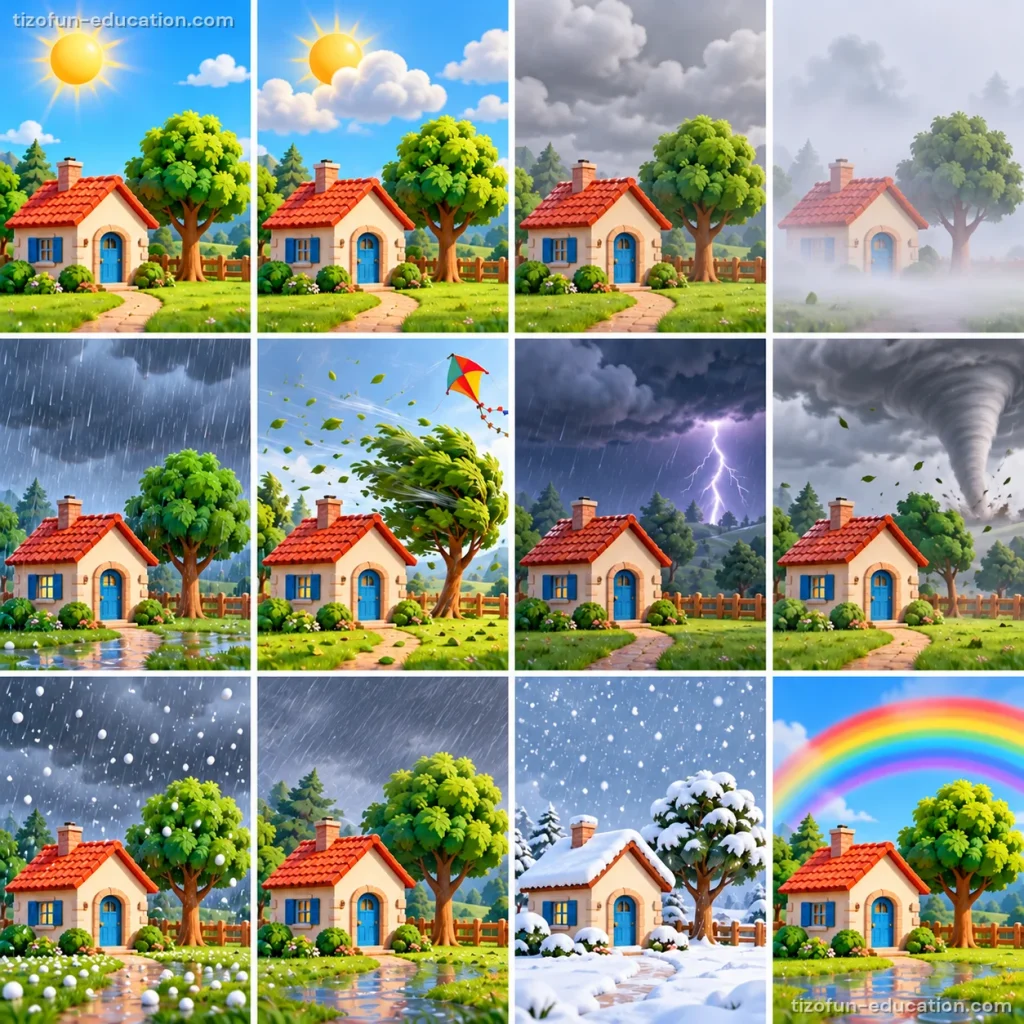 Douze petites images de la même maison avec un arbre : soleil, ciel en partie nuageux, nuages, brouillard, pluie, vent, orage avec éclair, tornade au loin, grêle, forte pluie avec des flaques, neige, et un arc-en-ciel après la pluie.