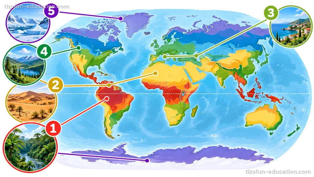 A colored world map with five numbered pictures around it. 1 (red, around the equator): a rainforest with a river. 2 (yellow): a sandy desert with a few palm trees. 3 (light green, around the Mediterranean Sea): a sunny seaside town. 4 (dark green, in North America): forests, a lake and mountains. 5 (purple, near the poles): ice and snow.