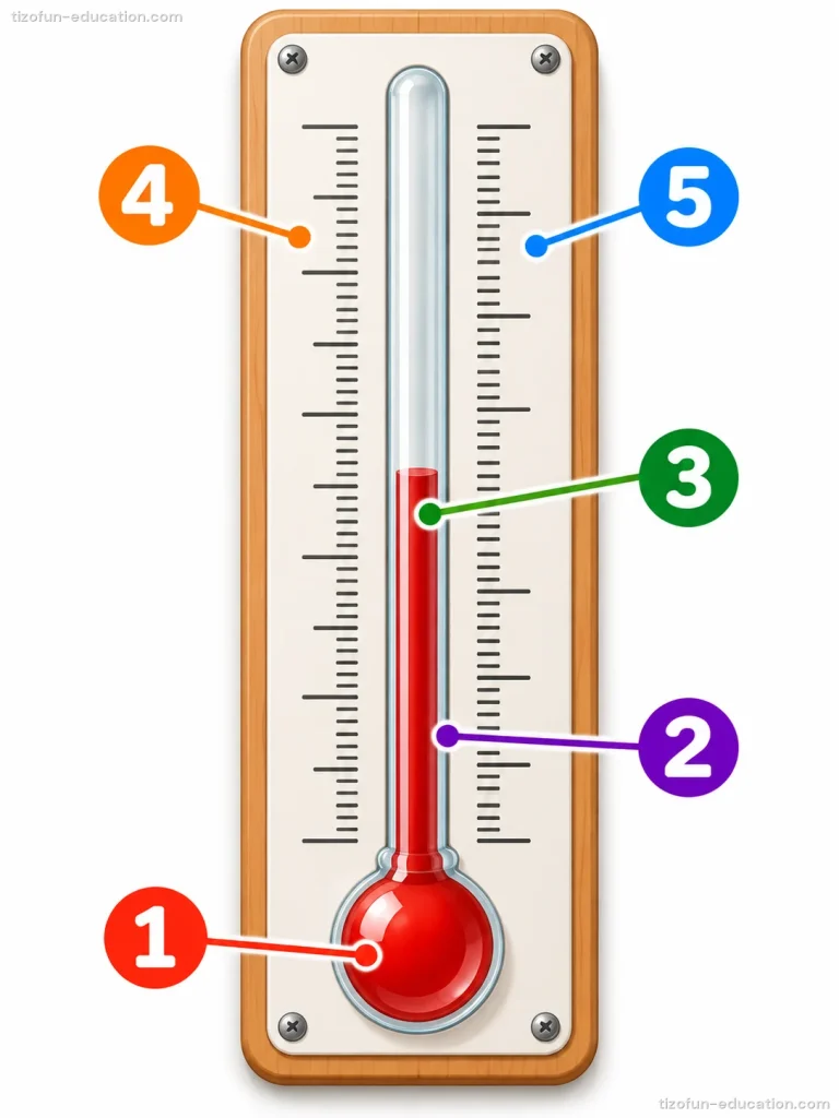 A thermometer on a wooden board, with five numbered labels. 1: the round bulb at the bottom, full of red liquid. 2: the red liquid inside the thin tube. 3: the top of the red liquid. 4: the scale on the left. 5: the scale on the right.
