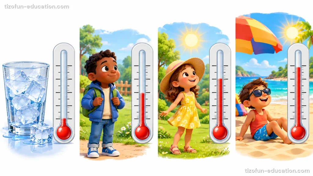 Four pictures in a row, each next to a thermometer. A glass of ice cubes, with the red liquid very low. A boy in a warm coat, with the liquid a little higher. A girl in a summer dress in the sun, with the liquid higher. A boy on a sunny beach, with the liquid near the top.