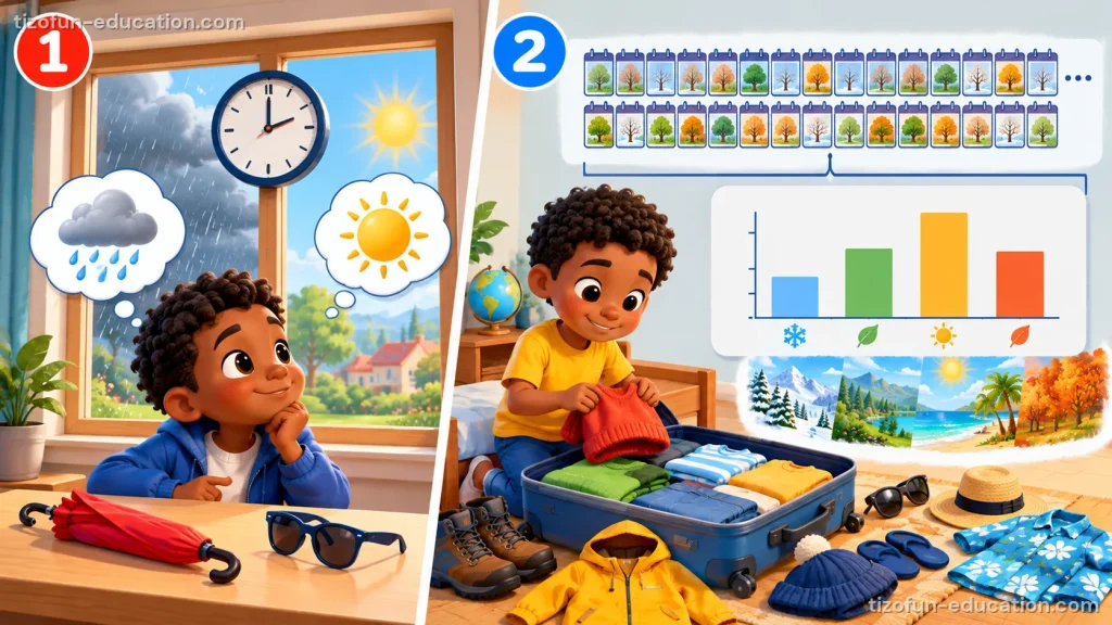 Two numbered pictures. 1: a boy at a window looks at the clock and wonders if it will rain or be sunny today; an umbrella and sunglasses lie on the table. 2: a boy packs a suitcase with warm and summer clothes, under a calendar of many months and a bar graph of the seasons.