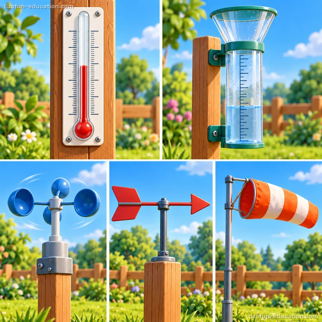 Five weather tools on posts in a garden: a thermometer, a rain gauge with some water in it, a spinning cup wind tool, a wind vane shaped like an arrow, and an orange and white windsock.