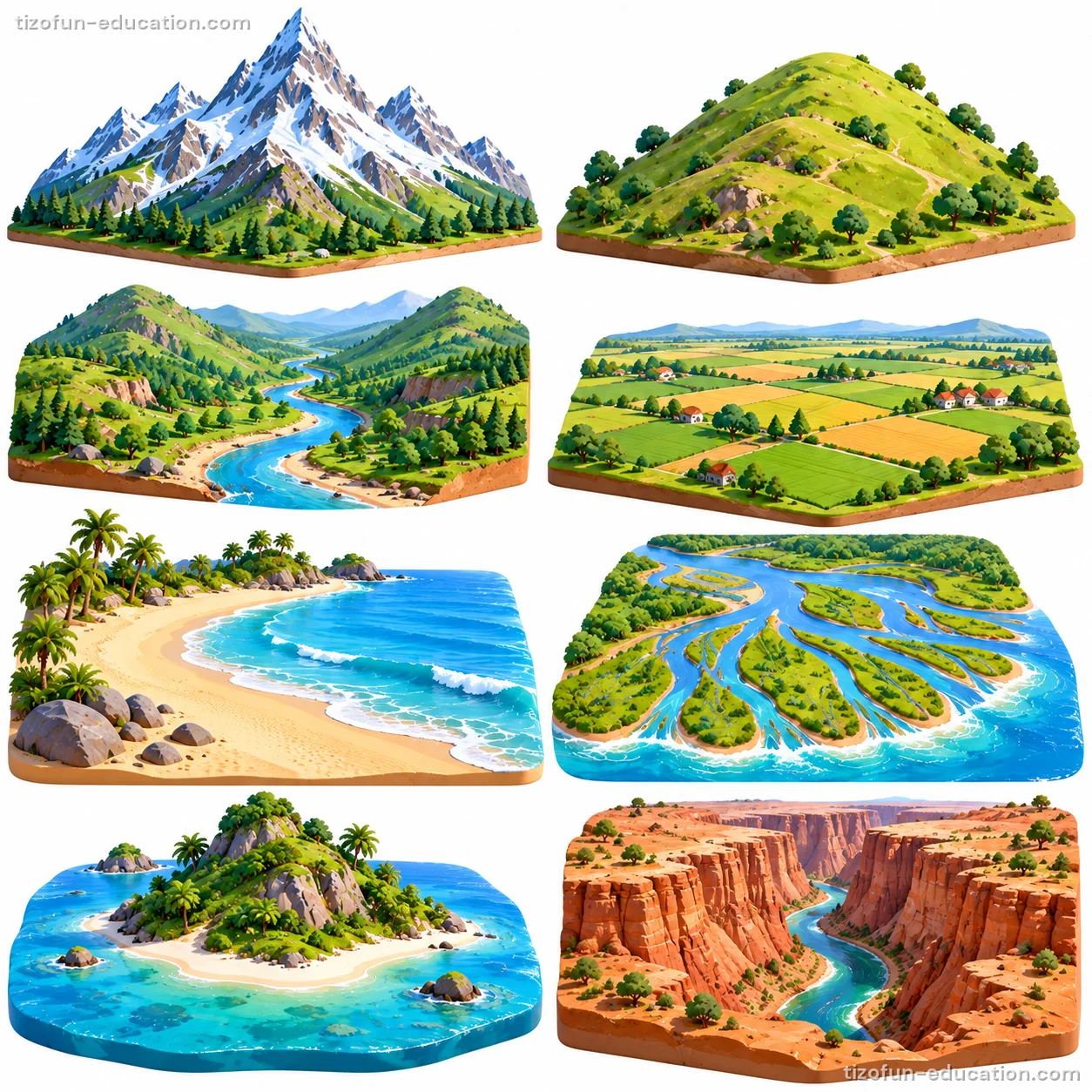Eight small models of landscapes: mountains, hills, a valley, a plain, a beach and a canyon