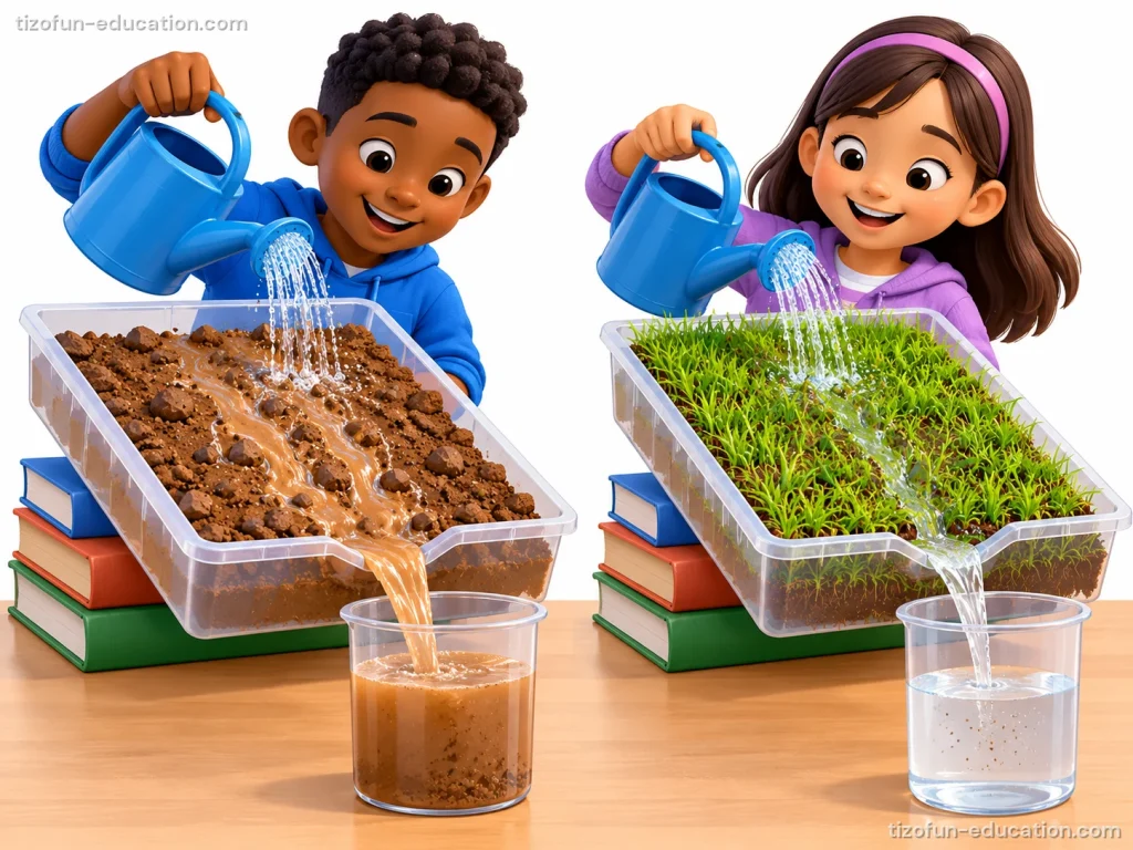 Two children pour water on two tilted trays. The tray of bare soil on the left lets muddy brown water run into a cup. The tray covered with grass on the right lets almost clear water run into its cup.