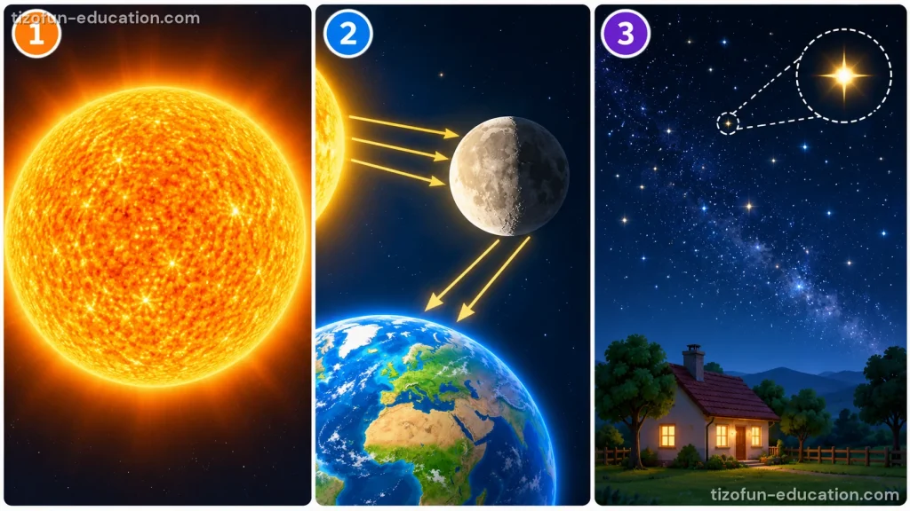 Trois cases. (1) Le Soleil, brillant et lumineux. (2) La lumière du Soleil éclaire la Lune, et la lumière de la Lune va vers la Terre. (3) Une maison la nuit sous un ciel sombre plein d'étoiles, dont une est entourée.