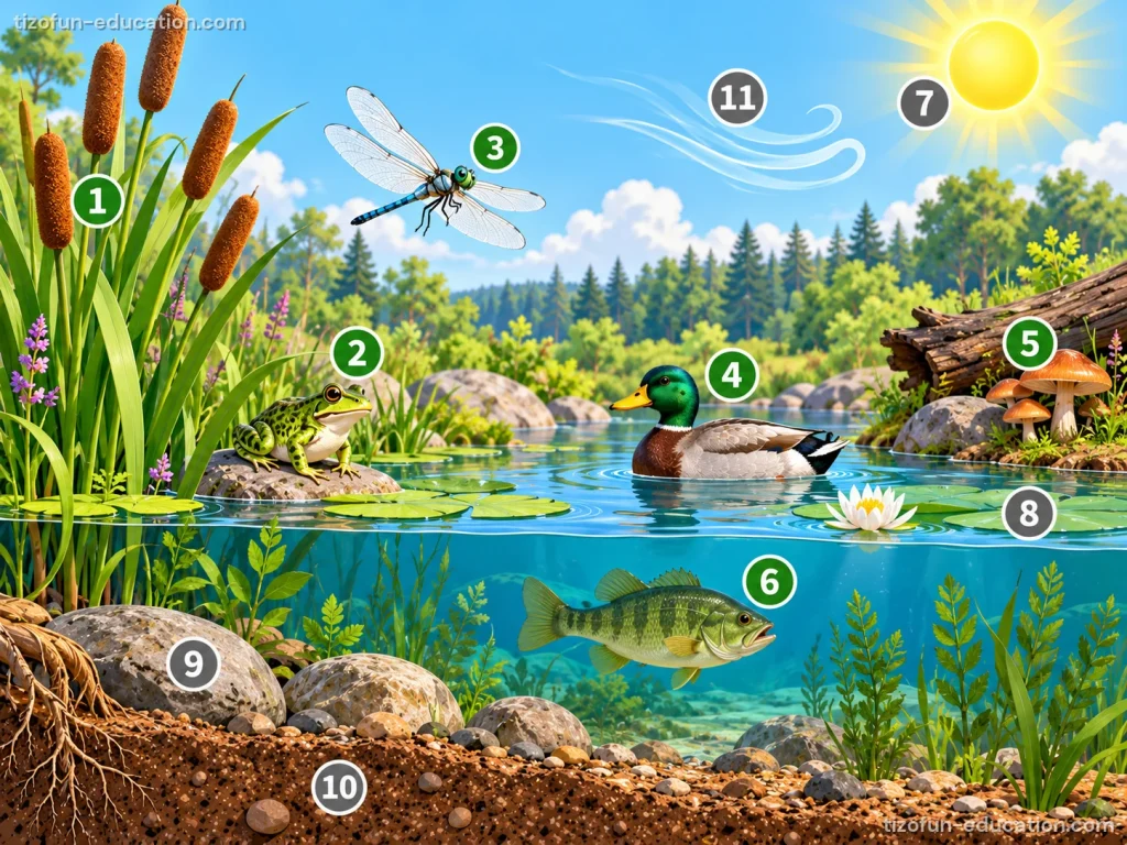 A pond under the sun: cattails and grass on the bank, a dragonfly in the air, a frog on a rock, a duck on the water, water lilies, and a fish swimming underwater.
