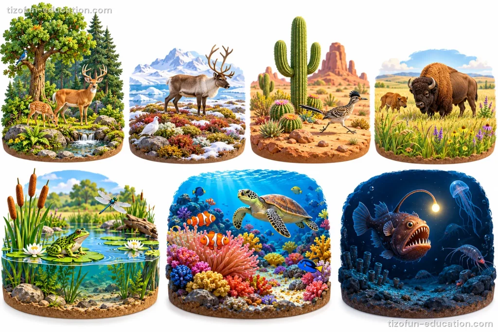 Seven small scenes: a forest with a deer, snowy land with a reindeer, a desert with a cactus, grassland with a bison, a pond with a frog, a coral reef with fish and a turtle, and the dark deep sea with an anglerfish.