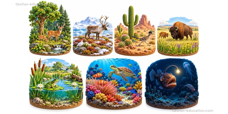 Seven small scenes: a forest with a deer, snowy land with a reindeer, a desert with a cactus, grassland with a bison, a pond with a frog, a coral reef with fish and a turtle, and the dark deep sea with an anglerfish.