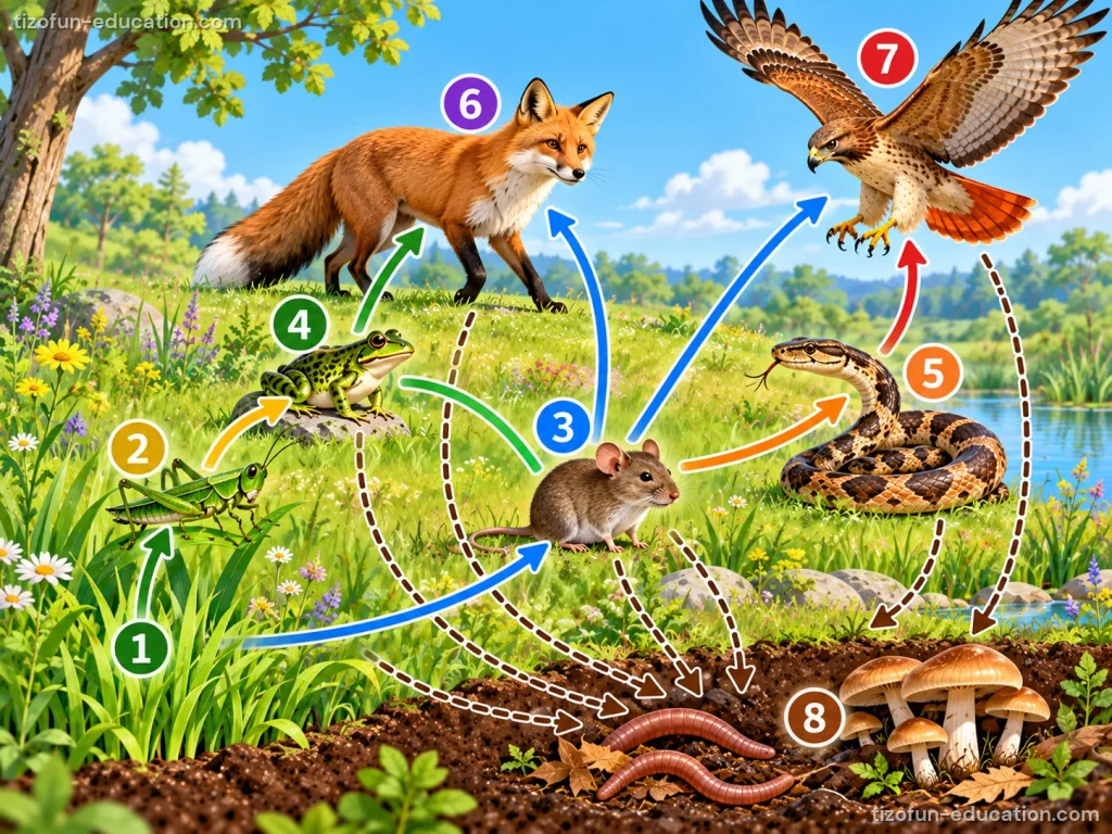 A meadow with arrows from food to eater: a grasshopper eats grass, a frog and a mouse eat, a snake and a fox hunt, a hawk flies above, and mushrooms and a worm live in the soil.