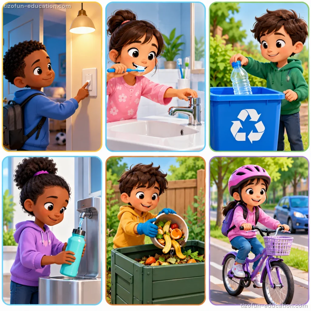 Six pictures of children: turning off a light, turning off the tap, putting a bottle in a recycling bin, filling a reusable bottle, putting food scraps in a compost bin, and riding a bike.
