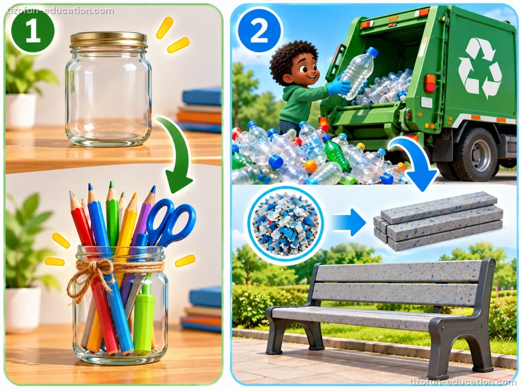 Left: an empty glass jar becomes a pencil holder. Right: a boy puts plastic bottles in a recycling truck, the plastic is turned into boards, and the boards make a park bench.
