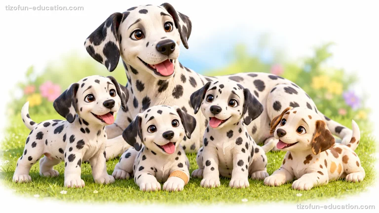 A spotted mother dog stands over her five spotted puppies, who play and rest close to her in a garden.