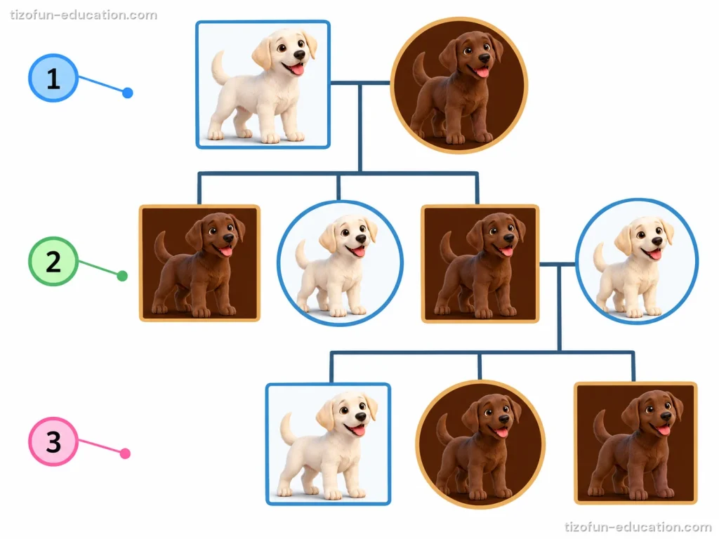 A family chart of dogs on three numbered rows joined by lines. Row 1: a cream puppy in a square and a brown puppy in a circle, the parents. Row 2: their three young, brown, cream and brown; the last brown one is joined to a cream dog in a circle. Row 3: the young of that pair, cream, brown and brown.