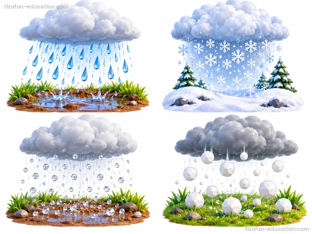 Four gray clouds: one drops rain into a puddle, one drops snowflakes on snowy trees, one drops small icy grains, and one drops big hailstones on the grass.