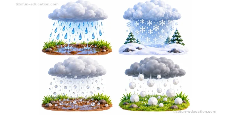 Four gray clouds: one drops rain into a puddle, one drops snowflakes on snowy trees, one drops small icy grains, and one drops big hailstones on the grass.