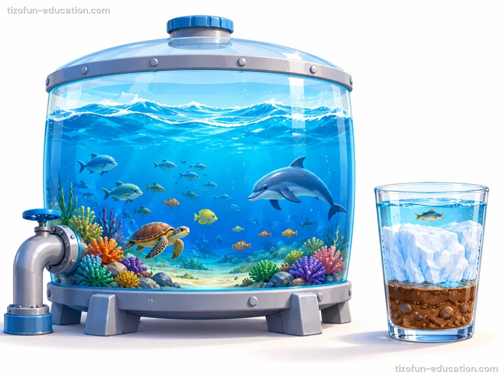 A huge tank full of sea water with fish, a dolphin and a turtle stands next to a small glass that holds ice, water and soil.