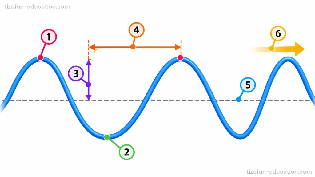 Une ligne bleue monte et descend de part et d’autre d’une ligne du milieu en pointillés. Le numéro 1 marque le haut d’une vague, le numéro 2 le bas. Le numéro 3 est une flèche de la ligne du milieu jusqu’au haut. Le numéro 4 est une flèche d’un haut au haut suivant. Le numéro 5 marque la ligne du milieu en pointillés. Le numéro 6 est une flèche vers la droite.