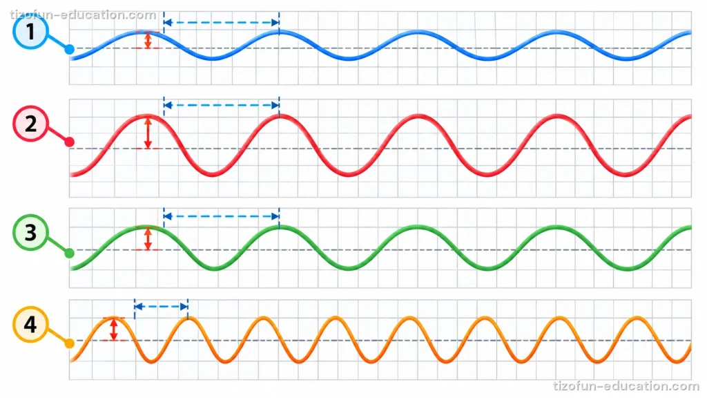 Quatre ondes dessinées sur des quadrillages, l’une au-dessus de l’autre. Les ondes 1, 2 et 3 ont leurs crêtes à la même distance. L’onde 1 est la plus plate, l’onde 2 la plus haute, l’onde 3 entre les deux. L’onde 4 a ses crêtes beaucoup plus rapprochées.