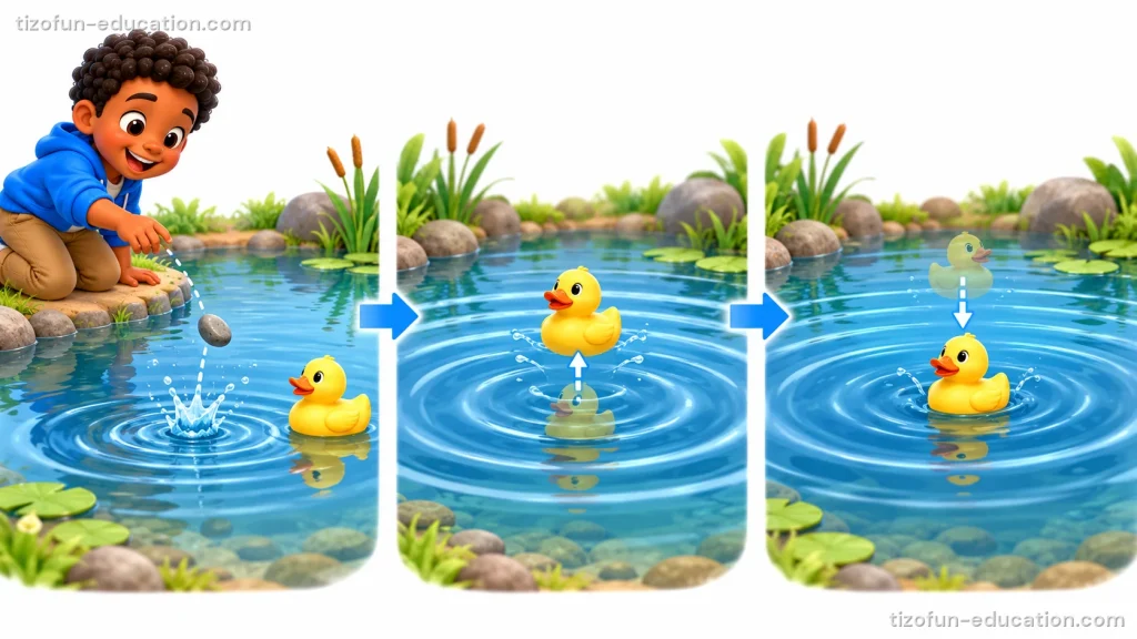 Trois images à la suite, reliées par des flèches. 1 : un garçon lance un caillou dans une mare, et des cercles de vagues s’éloignent vers un canard en plastique. 2 : les vagues arrivent au canard, et une flèche montre le canard qui monte. 3 : une flèche montre le canard qui redescend, à la même place sur l’eau.