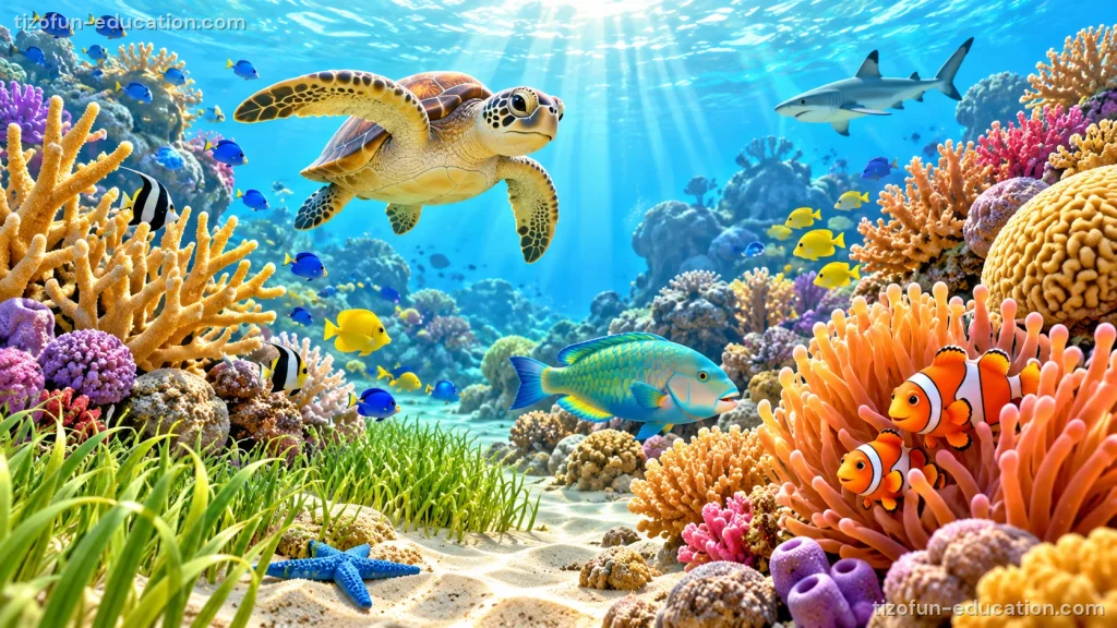 Under the sea, a sea turtle, a shark and many colorful fish swim above a coral reef. Clownfish hide in an orange sea anemone, and sea grass and a starfish lie on the sand.
