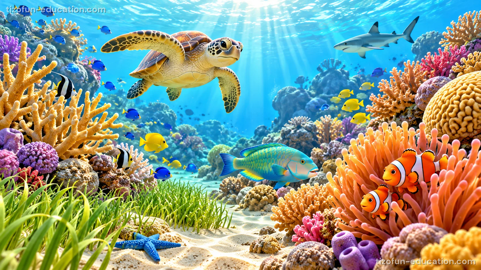 Un récif de corail dans la mer, avec une tortue, des poissons et un requin