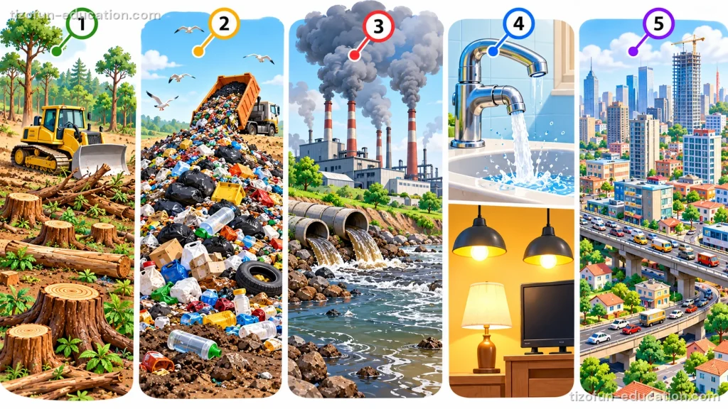 Five numbered pictures: 1, a bulldozer and tree stumps where a forest was cut down; 2, a truck dumps a big pile of trash; 3, factory chimneys send out smoke and pipes pour dirty water into a river; 4, a tap left running and lamps left on; 5, a big city with many cars on the roads.