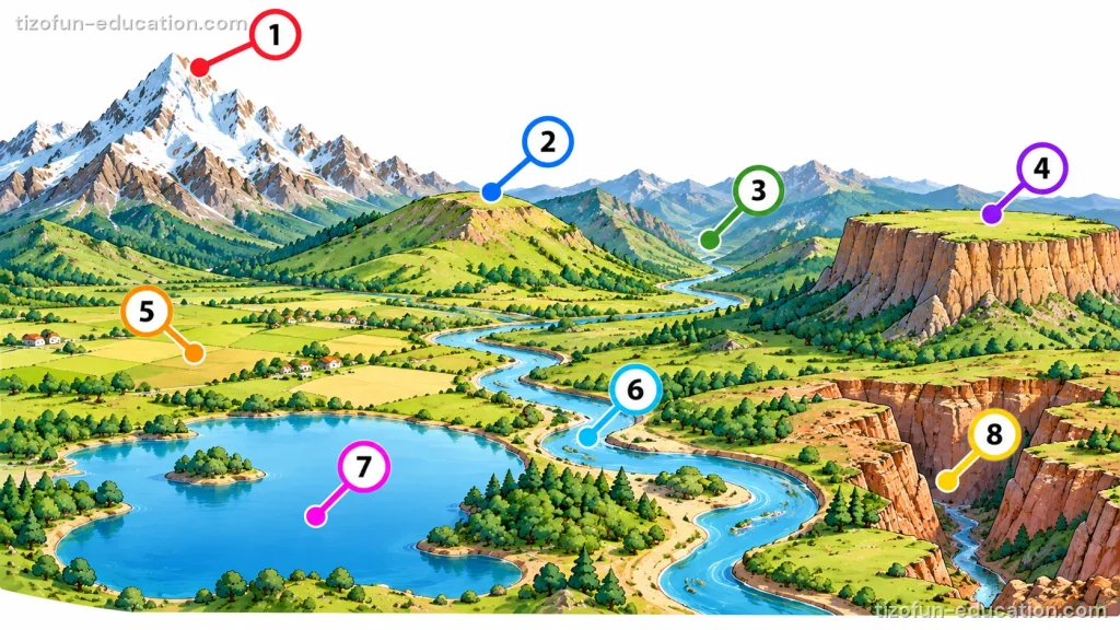 A wide landscape with eight numbered places: 1, a tall snowy mountain; 2, a round green hill; 3, a valley between mountains, with a river; 4, high flat land with steep rock sides; 5, a flat plain with fields and a few houses; 6, a river that winds across the land; 7, a big blue lake with a small island; 8, a deep canyon with a river at the bottom.
