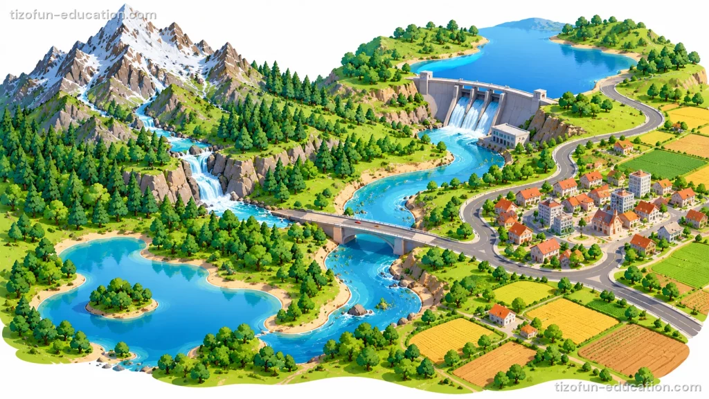 A small model of a landscape, seen from above: a snowy mountain, a river that comes down in waterfalls, passes under a bridge and flows into a lake, a dam with another lake behind it, and a village with roads and colorful fields.