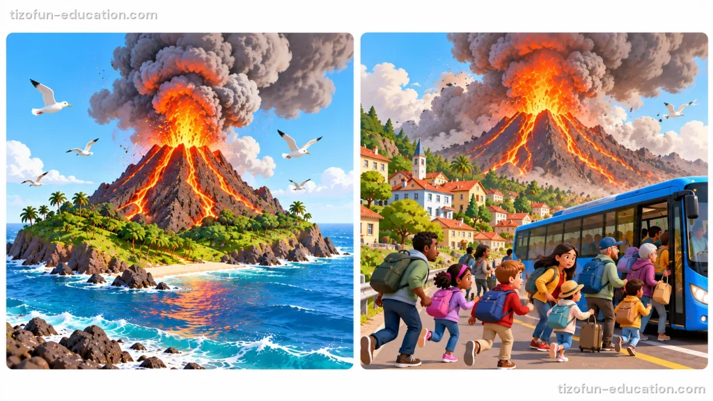 Two pictures. On the left, a volcano on an island throws out smoke and red lava that flows down its sides. On the right, near a village, children and adults with backpacks walk quickly to a bus while the volcano erupts behind them.