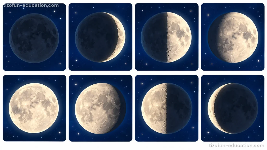 Huit images de la Lune dans un ciel de nuit, sur deux rangées. La Lune est d'abord sombre, devient un mince croissant, puis une moitié, puis presque ronde, puis toute ronde, et redevient plus mince jusqu'à un mince croissant.
