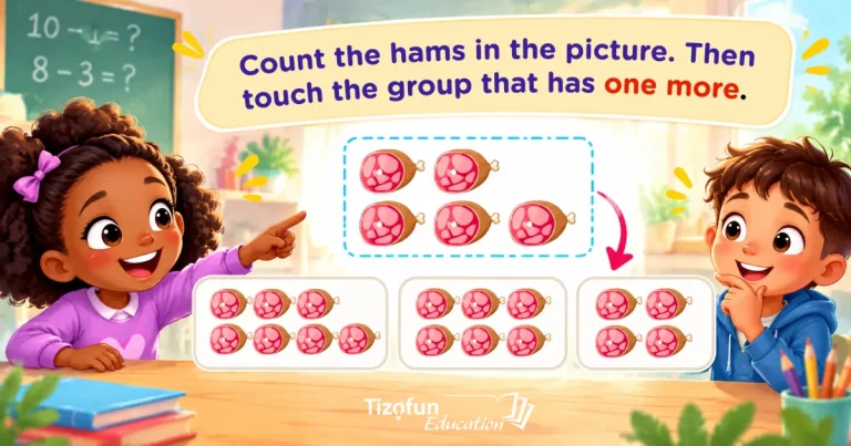 Count the hams in the picture, then touch the group that has one more: five hams at the top and three groups of hams below, with two children in a classroom.