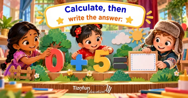 Calculate, then write the answer: three children hold up big numbers showing 0 + 5 = next to an empty frame, in front of a paper landscape.