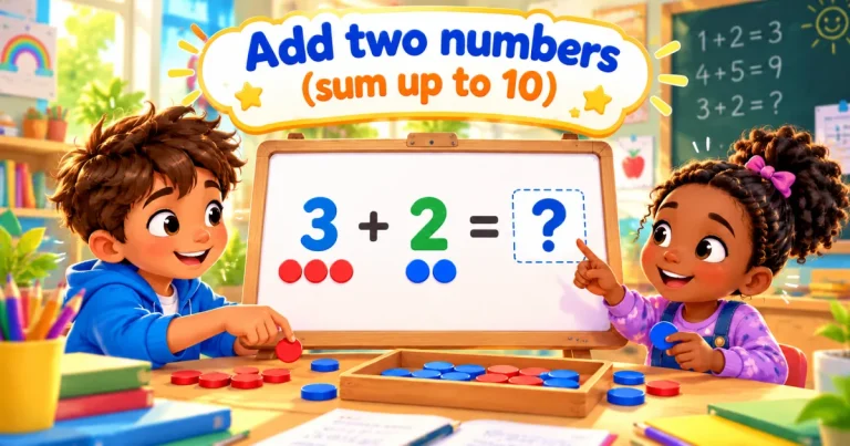 Add two numbers (sum up to 10): two children at a whiteboard where three red counters and two blue counters show 3 + 2 = ?.