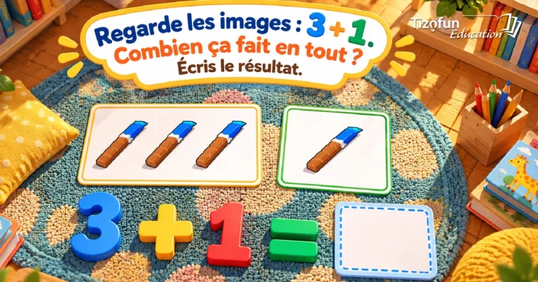 Regarde les images : 3 + 1. Combien ça fait en tout ? Écris le résultat : une carte de trois crayons, une carte d'un crayon et l'égalité 3 + 1 = à compléter, posées sur un tapis.