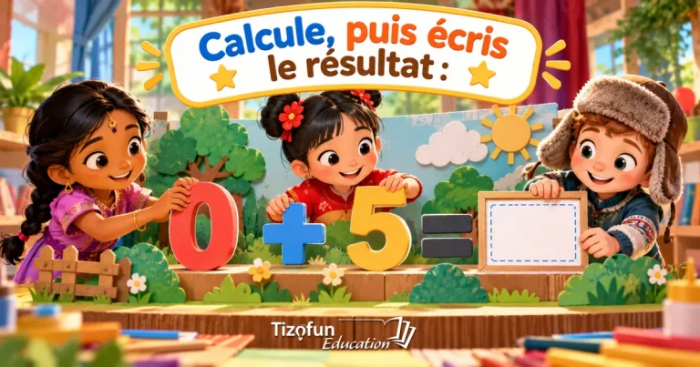 Calcule, puis écris le résultat : trois enfants tiennent les grands chiffres de l'addition 0 + 5 = et une ardoise vide, devant un décor de théâtre en carton.