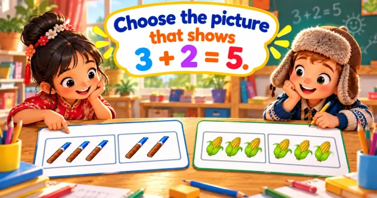 Choose the picture that shows 3 + 2 = 5: two children at a table with two cards, one with three pencils and two pencils, the other with ears of corn.