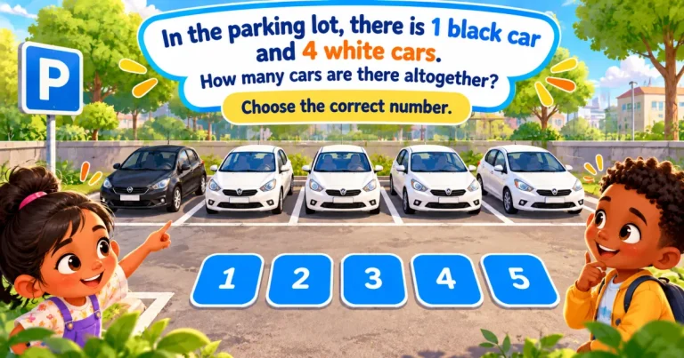 In the parking lot, there is 1 black car and 4 white cars. How many cars are there altogether? Choose the correct number: two children look at the parked cars, above the numbers 1 to 5.