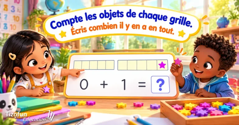 Compte les objets de chaque grille, puis écris combien il y en a en tout : deux enfants devant une grille vide et une grille avec une étoile, au-dessus de l'addition 0 + 1 = ?.