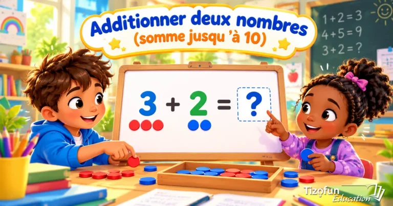 Additionner deux nombres, somme jusqu'à 10 : deux enfants devant un tableau blanc où trois jetons rouges et deux jetons bleus illustrent l'addition 3 + 2 = ?.