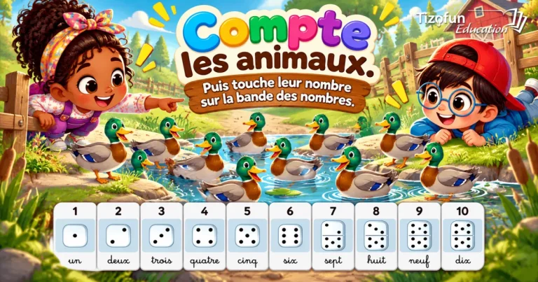 Compte les animaux, puis choisis leur nombre sur la bande des nombres : deux enfants regardent des canards dans une mare, au-dessus d'une bande numérotée de 1 à 10.